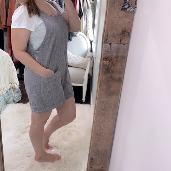 Vintage black & white checkered overalls jumpsuit romper shorts size large - Picture 2 of 8